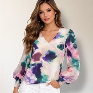 Cabi Mystic Blouse Aurora Floral Watercolor M Sheer Smocked Sleeve Boho Top NWT